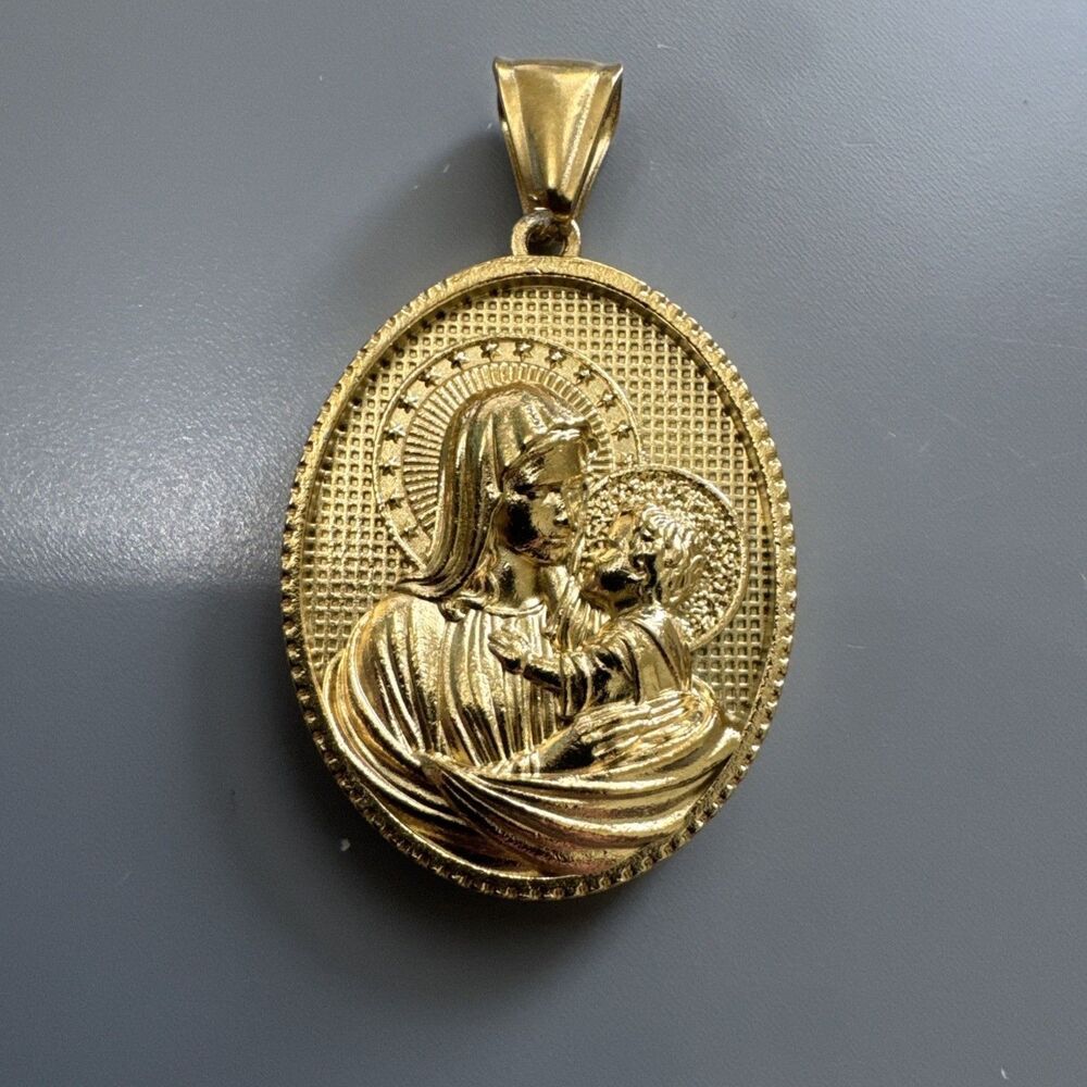 Virgin Mary Baby Jesus Stainless Steel Pendant Jesus Christ Gold Plate 24” Chain